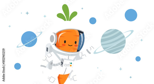 Cartoon Carrot Astronaut Explores The Cosmos Among Planets And Stars