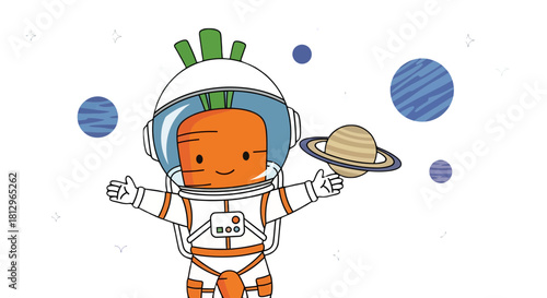 Cartoon Carrot Astronaut Floating Among Planets And Celestial Wonders