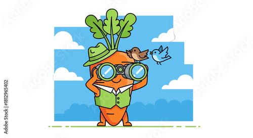 Cartoon Carrot Observes Birds Through Binoculars in Playful, Whimsical Scene
