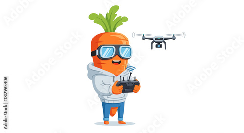 Cartoon Carrot Piloting a Drone in a Modern and Technological Illustration
