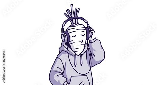 Cartoon Vegetable Person Listening to Music with Headphones Isolated on Black Background