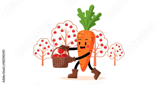 Cartoon Carrot Strolling Happily with Apples, Featuring a Playful and Cheerful Design
