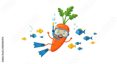 Cartoon Carrot Underwater Scuba Diver with Happy Smiling Face and Swimming Fish
