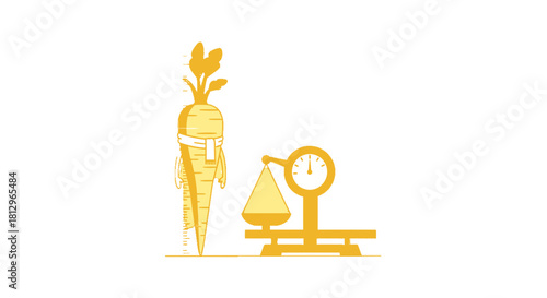 Cartoon Carrot Weighing Itself On a Scale Concept Illustrating Nutrition and Health
