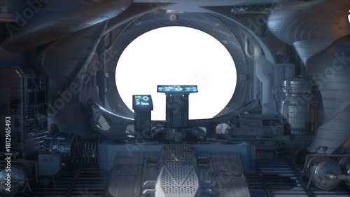 Spaceship Cockpit Interior with View of Earth and Stars Through Window - Sci-Fi Space Travel 3d render on white background
