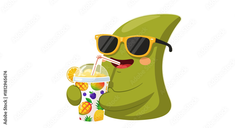 Fototapeta premium Cartoon Character Enjoying Tropical Drink With Sunglasses And Smiling Blissfully
