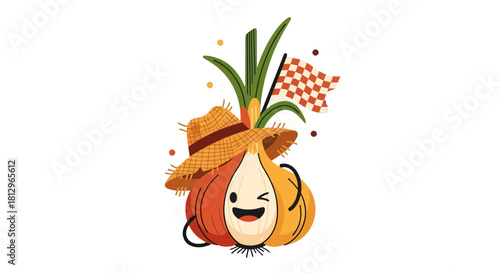 Cartoonish Onion Pumpkin Character Sporting a Straw Hat and a Checkered Flag Illustration