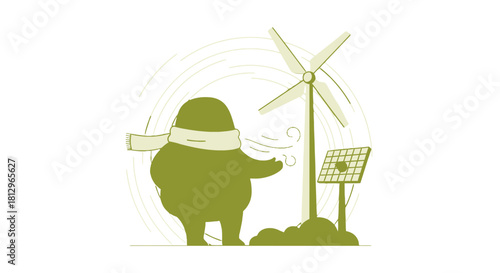 Cartoon Character Embracing Renewable Energy Sources With Wind Turbine And Solar Panel