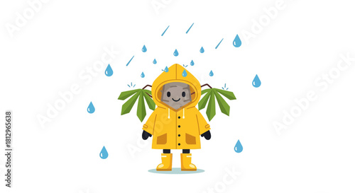 Cartoon Character Enjoying Rainfall With Green Leaves and Yellow Rain Gear