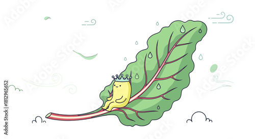 Cartoonish Yellow Figure Wearing Crown Resting On A Leaf With Raindrops In Black Background