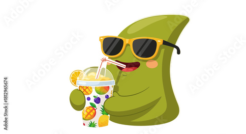 Cartoon Character Enjoying Tropical Drink With Sunglasses And Smiling Blissfully