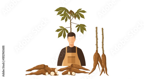 Cassava Farmer: A Vector Illustration Showing Cassava Plant, Roots, Leaves and Farmer
