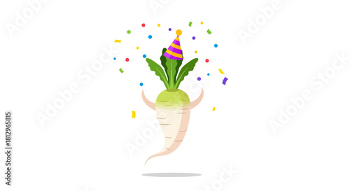 Celebratory Turnip Character With Party Hat And Confetti In A Dark Background