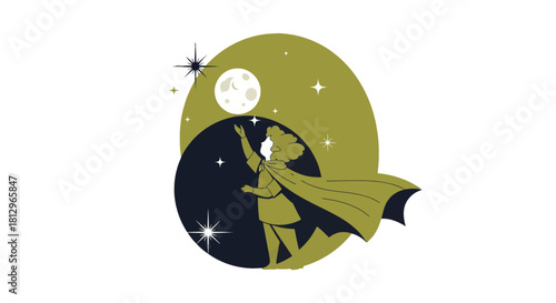 Celestial Dreamer Reaching For The Lunar Sphere In An Enchanting Night Sky Illustration