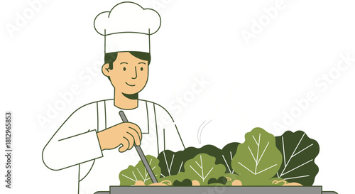 Cartoon Chef Cooking Vegetables in a Pan with Fresh Ingredients and Cooking Steam