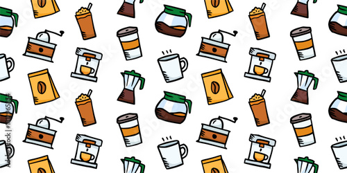 Seamless Coffee Equipment Doodle Pattern: Grinder, Bag, Espresso Maker, Moka Pot, Drip Kettle, Mug, and To-Go Cup. Hand-Drawn Cafe Background for Barista, Menu, Packaging, Restaurant, and Modern Drink