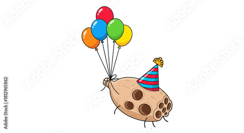 Celestial Party: Cartoon Illustration Of A Planet Celebrating With Balloons, Black Background