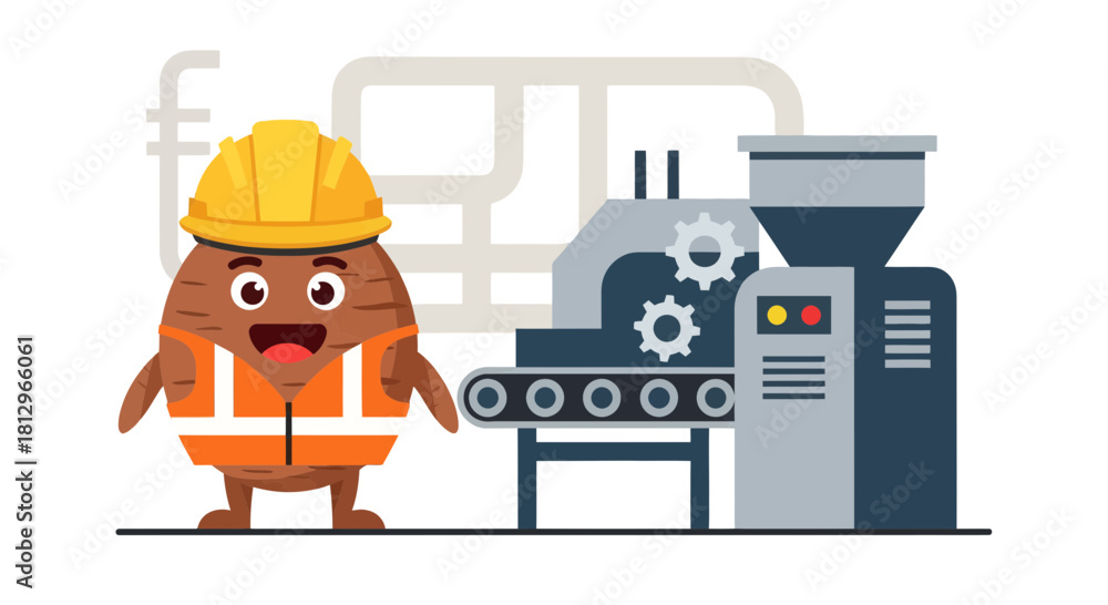 Fototapeta premium Cartoon Factory Worker Stands Beside Industrial Equipment Illustrating Production Process