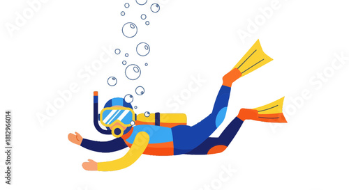 Cartoon Diver With Bubbles Against Black Background Depicting Underwater Adventure