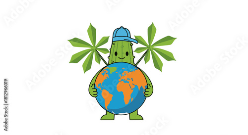 Cartoon Earth Guardian Protecting Our Planet With Leafs And A Friendly Appearance