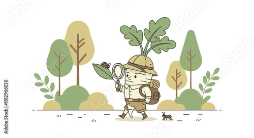 Cartoon Explorer Discovering Nature With Magnifying Glass in Detailed Artistic Illustration