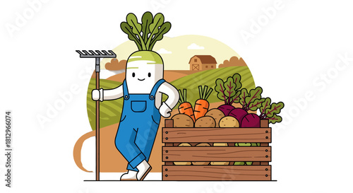 Cartoon Farmer Presenting Fresh Harvested Vegetables On A Beautiful Rural Farm Scene