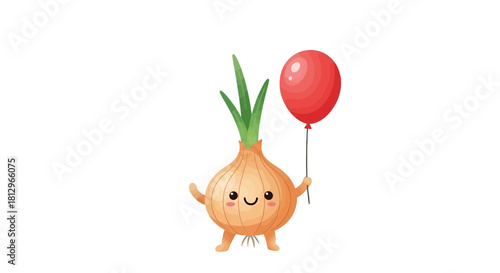 Charming Animated Onion Mascot Holding Up a Red Balloon Against Black Backdrop