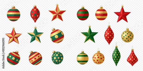 Festive Christmas ornaments: stars and baubles in red, green, and gold.