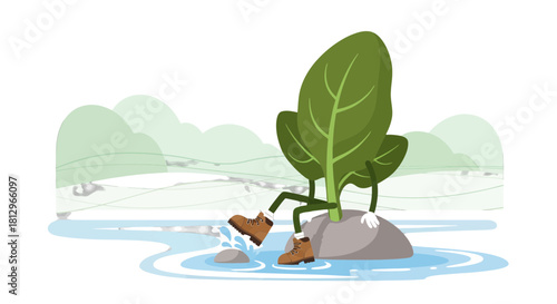 Cartoon Forest Creature in Boots Crossing Water Amidst Serene Snowy Scenery