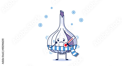 Cartoon Garlic Experiencing Winter Chill With Snowflakes and a Feverish Thermometer
