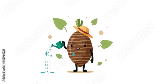 Charming Animated Root Vegetable Character Being Watered in a Delightful Artistic Illustration