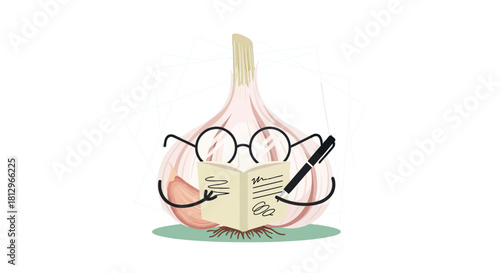 Cartoon Garlic Reads and Writes in a Conceptual Composition With Geometric Elements