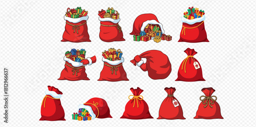 A collection of cartoon Santa sacks filled with colorful gifts, perfect for Christmas illustrations.