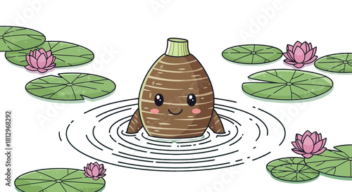 Charming Animated Taro Root Residing in a Tranquil Lily Pond Scene and Smiling