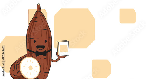 Charming Cassava Character Presenting a Product, Smiling with a Bow Tie and a Box