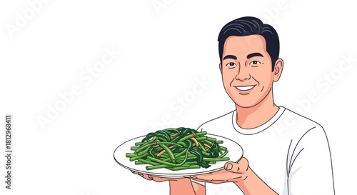 Cheerful Person Presenting Fresh Stir-Fried Vegetables on a Plate Against Black Background