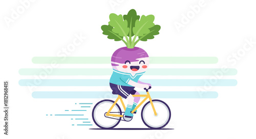 Cheerful Radish Character Cycling on Yellow Bicycle Against A Black Background