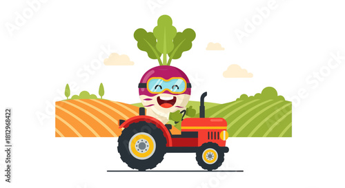 Cheerful Radish Character Driving a Tractor Amongst Farming Landscapes for Harvest