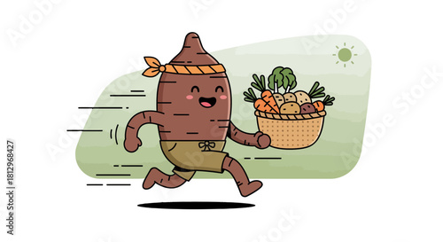 Cheerful Running Root Vegetable Delivering Farm Fresh Produce Basket To You