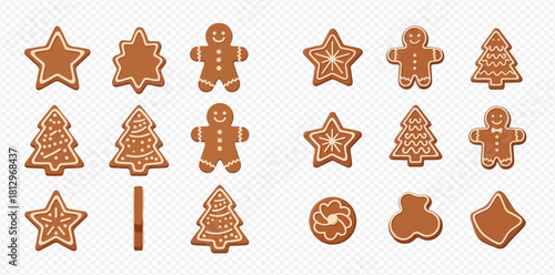 Gingerbread cookies in various shapes, including stars, trees, and gingerbread men, decorated with white icing.