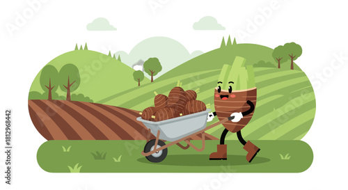 Cheerful Taro Carting a Full Load Of Harvested Crops On Green Agricultural Landscape