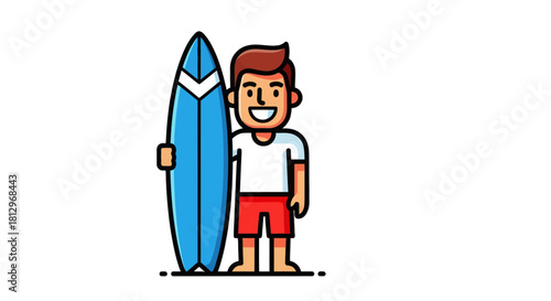 Cheerful Surfer Standing Proudly with Blue Surfboard, Ready For Sunny Ocean Surfing Session