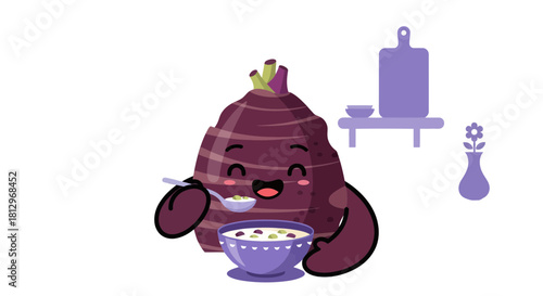 Cheerful Taro Root Character Eating Soup Is Shown On The Black Background