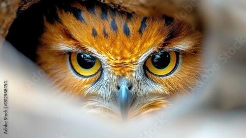 A close-up, eye-level view of an owl's face, highlighting its piercing yellow eyes and detailed orange and black feathers.