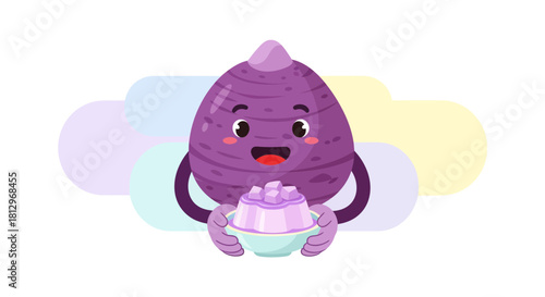Cheerful Taro Root Cartoon with a Sweet Dessert, Delicious Food Illustration