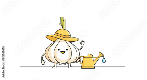 Charming Garlic Character Watering Plant, Animated Illustration with a Yellow Hat