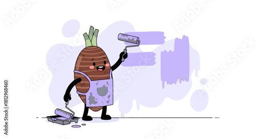 Cheerful Taro Root Character Painting Creative Art with Paint Roller and Purple Color