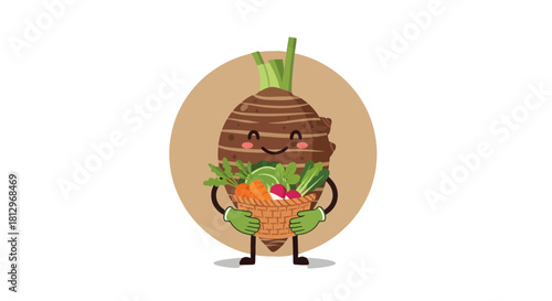 Cheerful Taro Root Character Presenting Healthy Vegetables Within A Gentle Circle