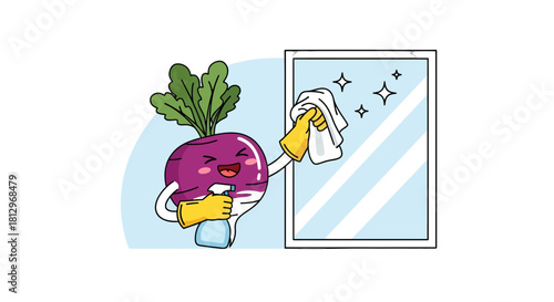 Cheerful Turnip Character Cleaning a Window with Gleaming Sparkle and Delightful Joy