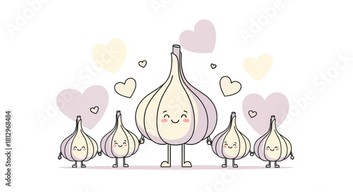 Charming Garlic Family Surrounded by Hearts on a Black Background, Unique Visual